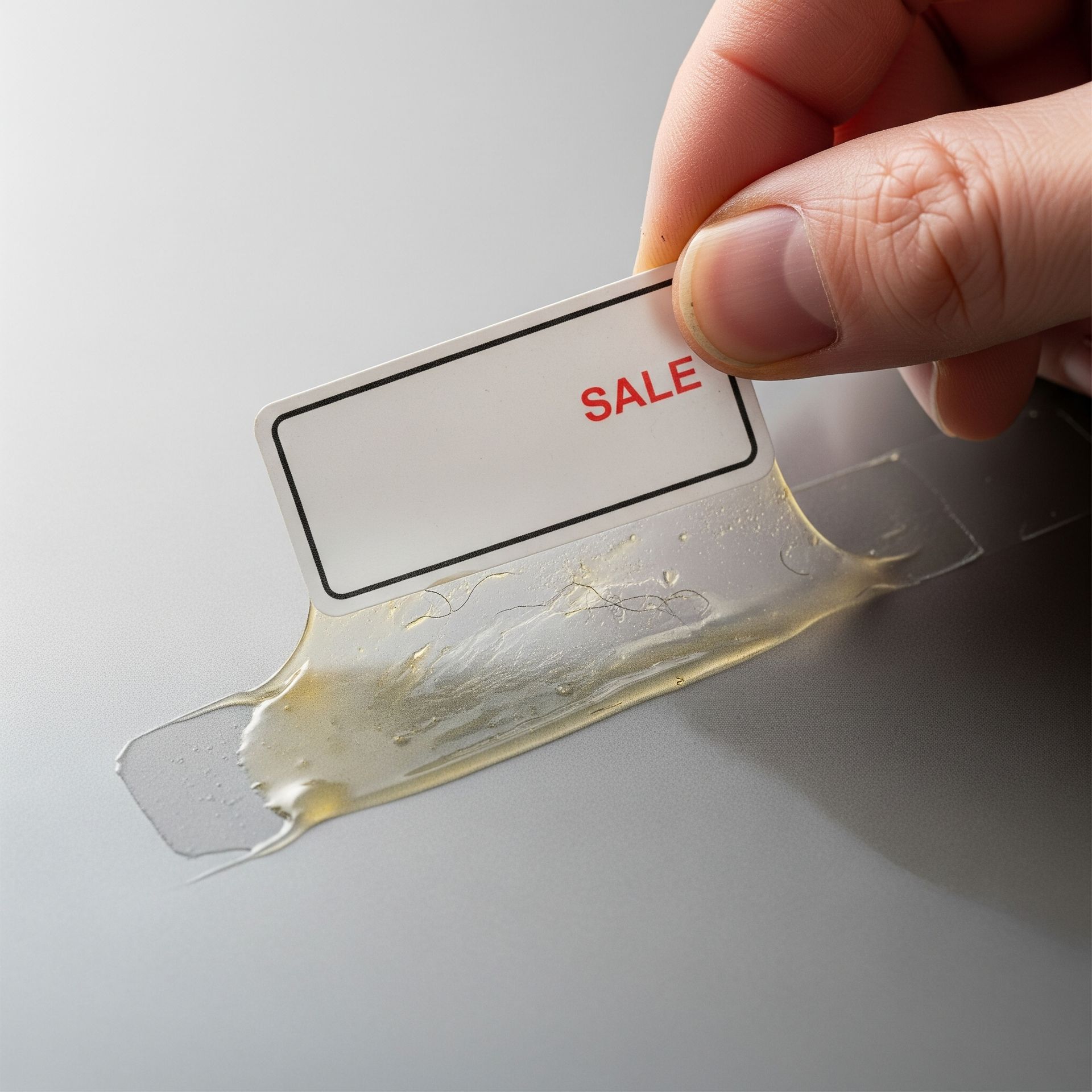 A person is holding a label that says sale on it