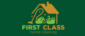 A logo for first class home cleaning with a house and a vacuum cleaner