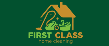 A logo for first class home cleaning with a house and a vacuum cleaner