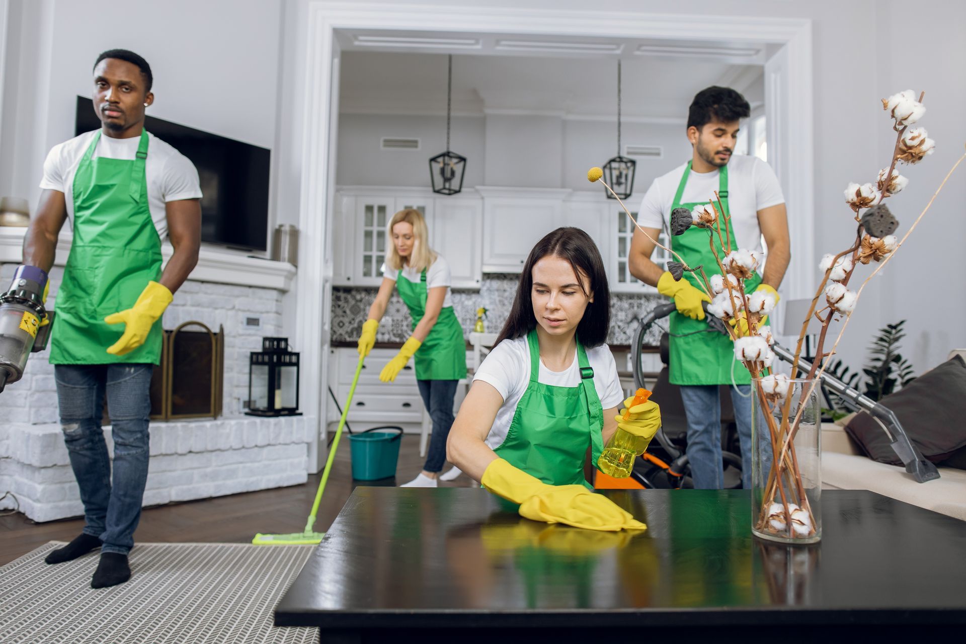 A group of people are cleaning a living room.