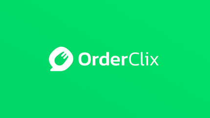 OrderClix logo on a bright green background with a white speech bubble and fork icon