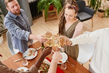 A group of people are toasting with wine glasses at a dinner table.