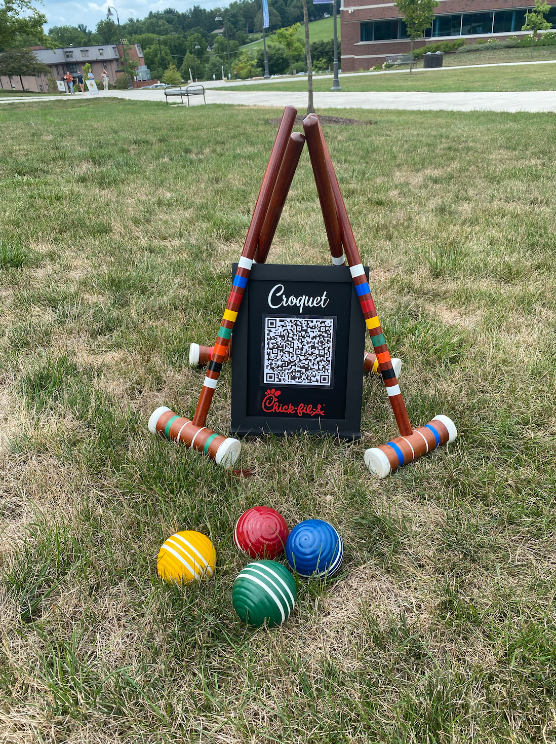 A croquet set is sitting on top of a lush green field.