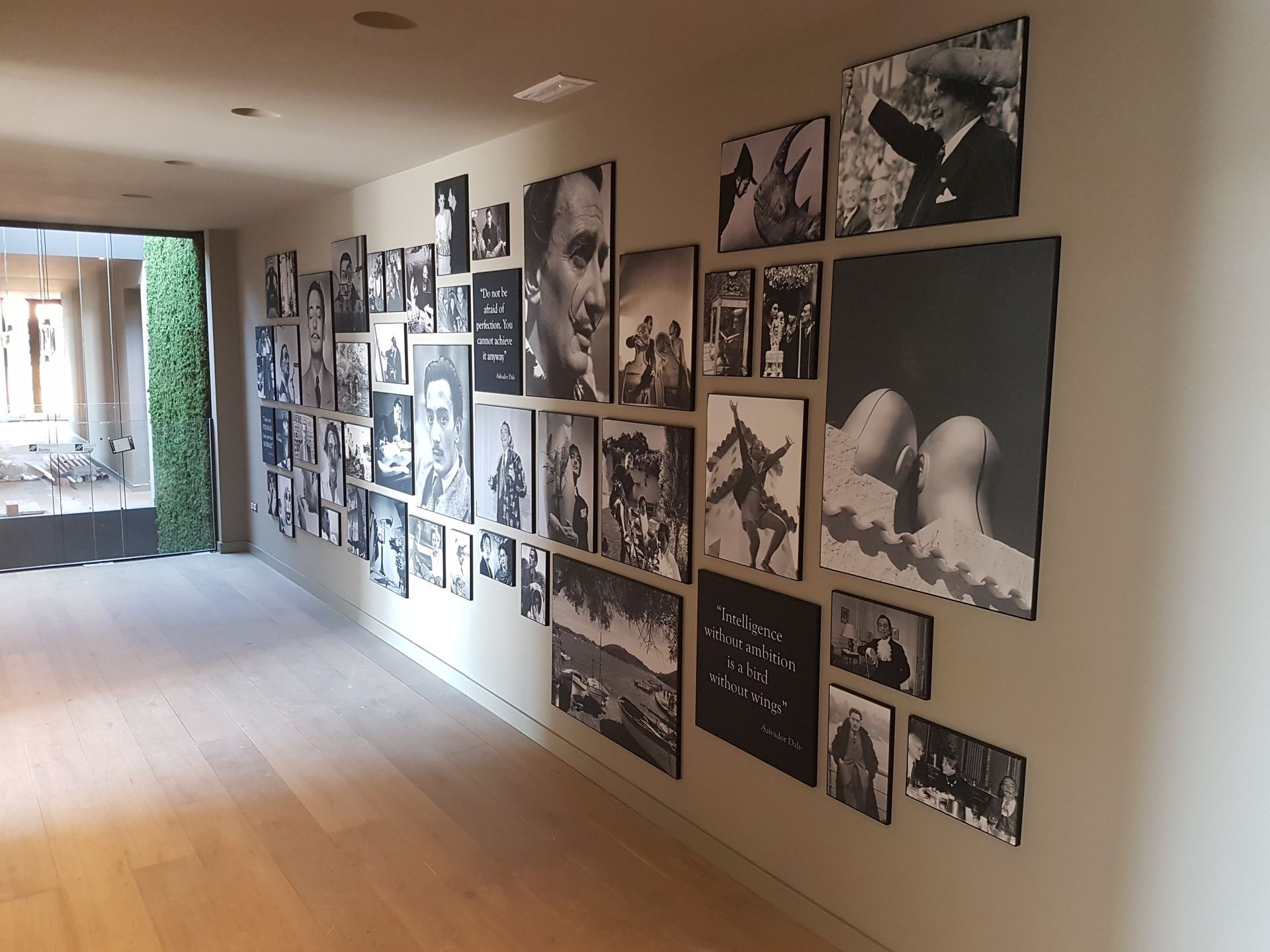 Een lange muur in een zonnige gang is bedekt met een galerij-achtige opstelling van ingelijste zwart-witfoto's.