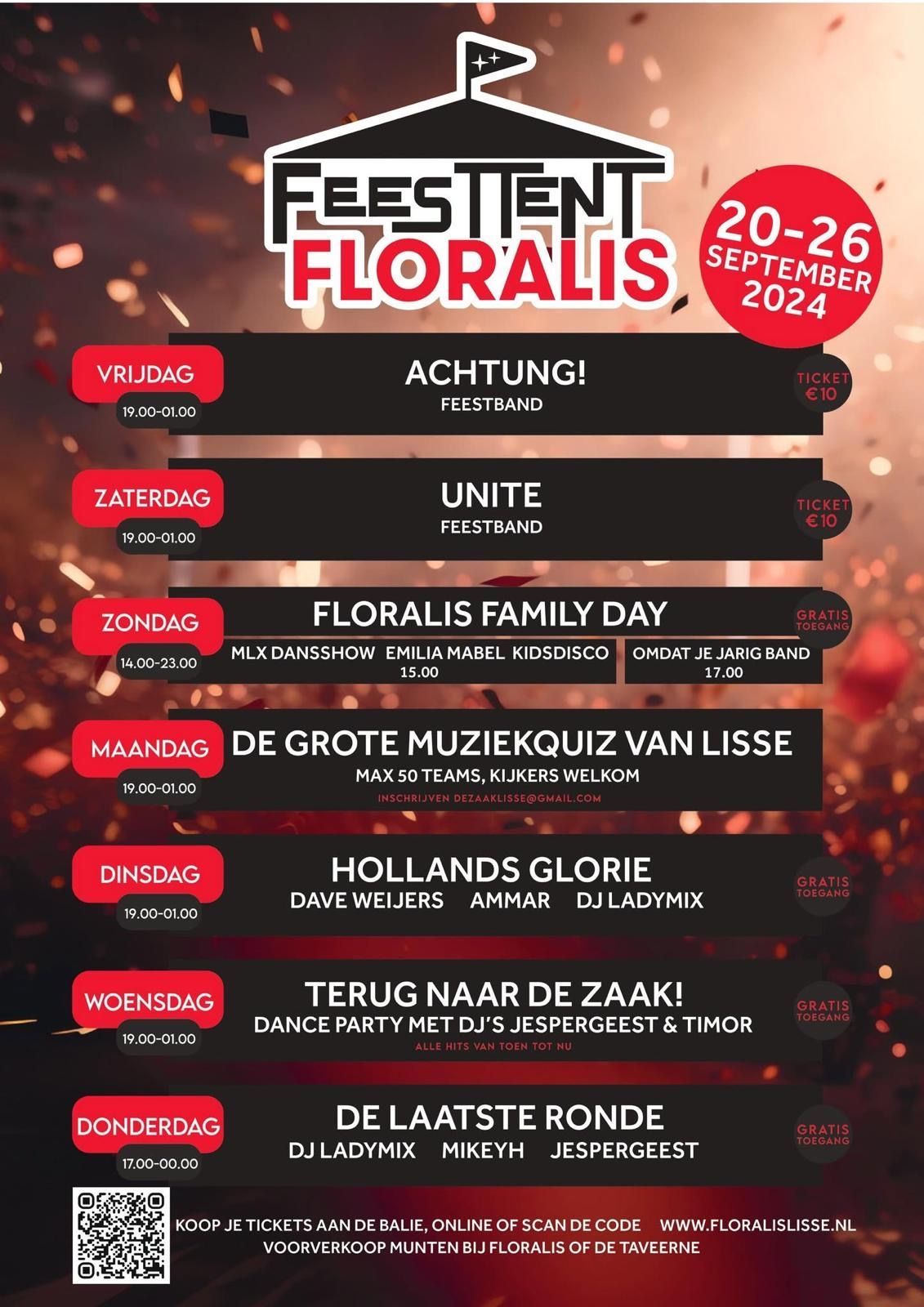 Flyer voor Feesttent Floralis, met een overzicht van de dagelijkse optredens en activiteiten in een roodkleurig ontwerp.