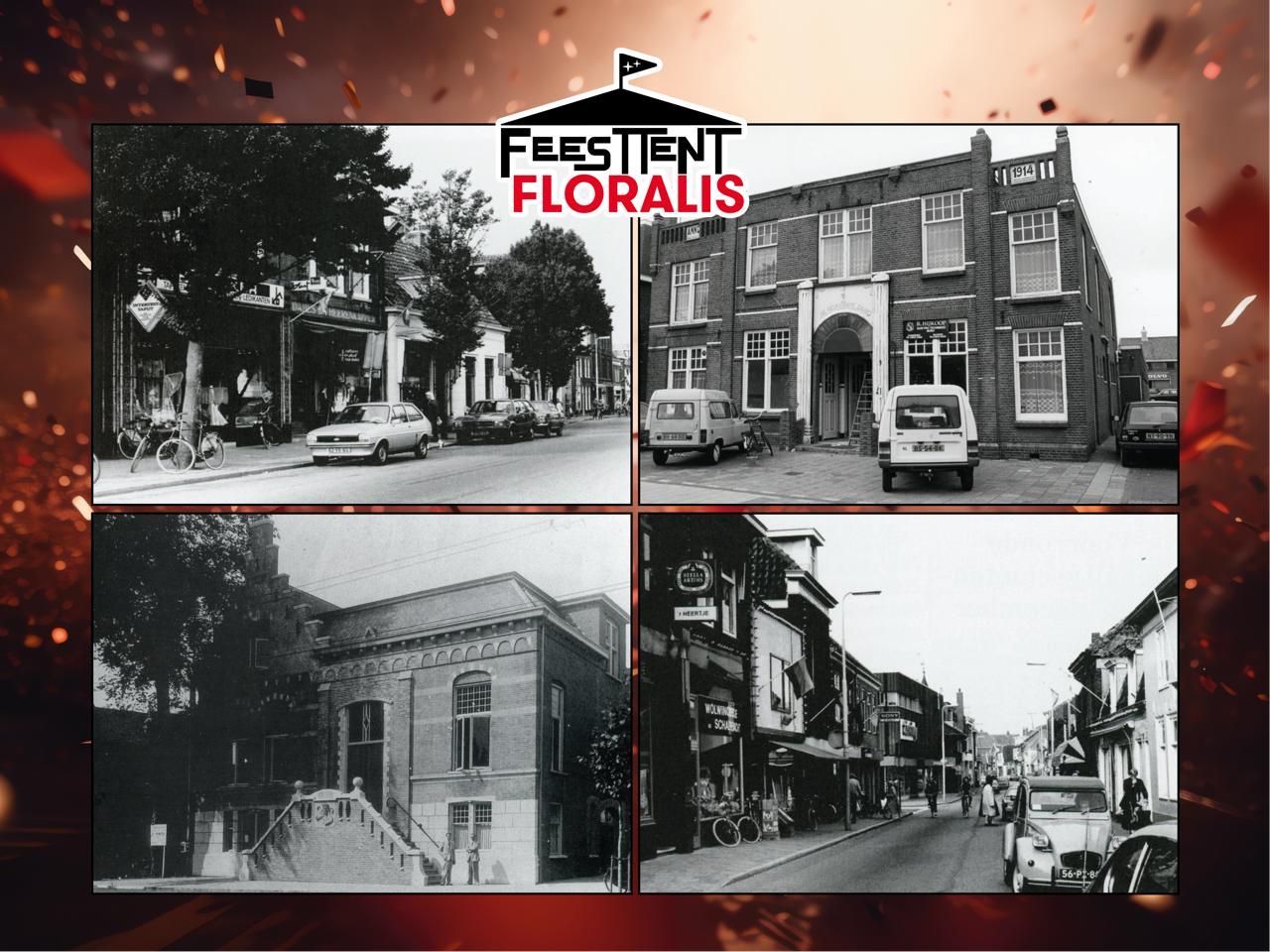 Een montage van vier historische zwart-witfoto's van Nederlandse straatbeelden en gebouwen onder een Floralis-logo.