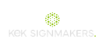Logo voor KEK SIGNMAKERS met een groen cirkelvormig geometrisch icoon boven de tekst en een klein groen vierkantje 