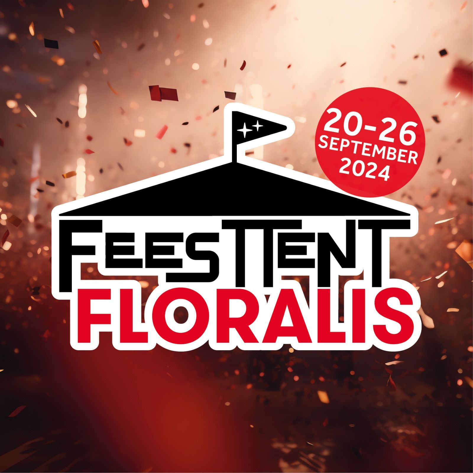 Logo voor Feesttent Floralis, 20-26 september 2024, tegen een feestelijke achtergrond met vallende confetti.