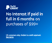 PayPal Credit offer: No interest if paid in full within 6 months on $99+ purchases. Blue background.