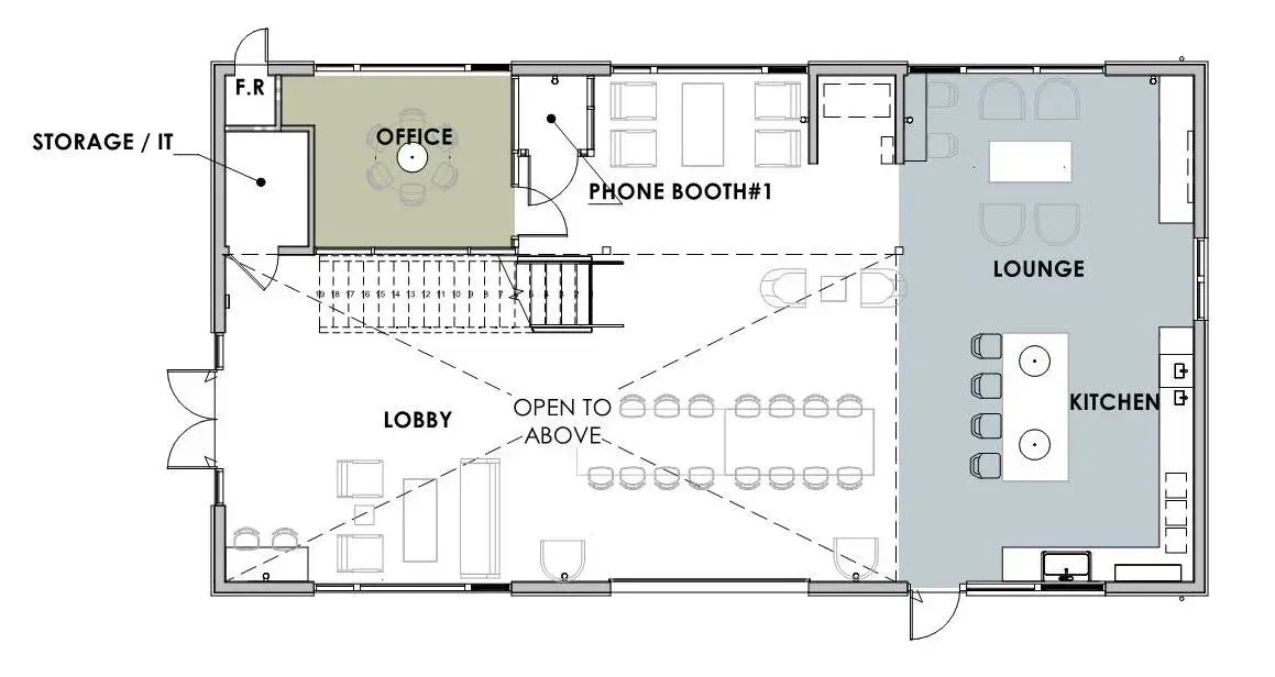 A floor plan of a building with the word lounge on it