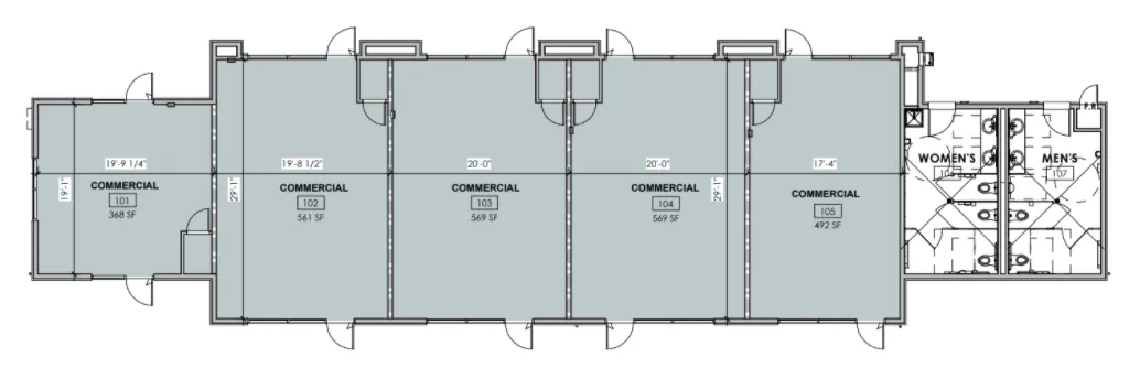 A floor plan of a building with a lot of windows and doors.