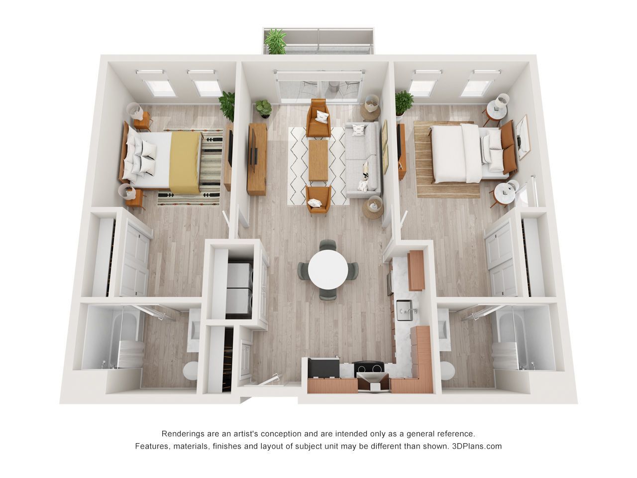 A 3d floor plan of a house with two bedrooms , a living room , and a kitchen.