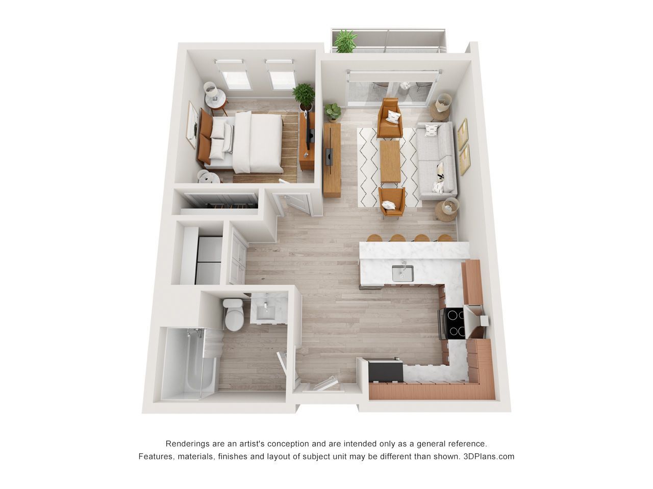 A 3d floor plan of a small apartment with a bedroom , living room , and kitchen.