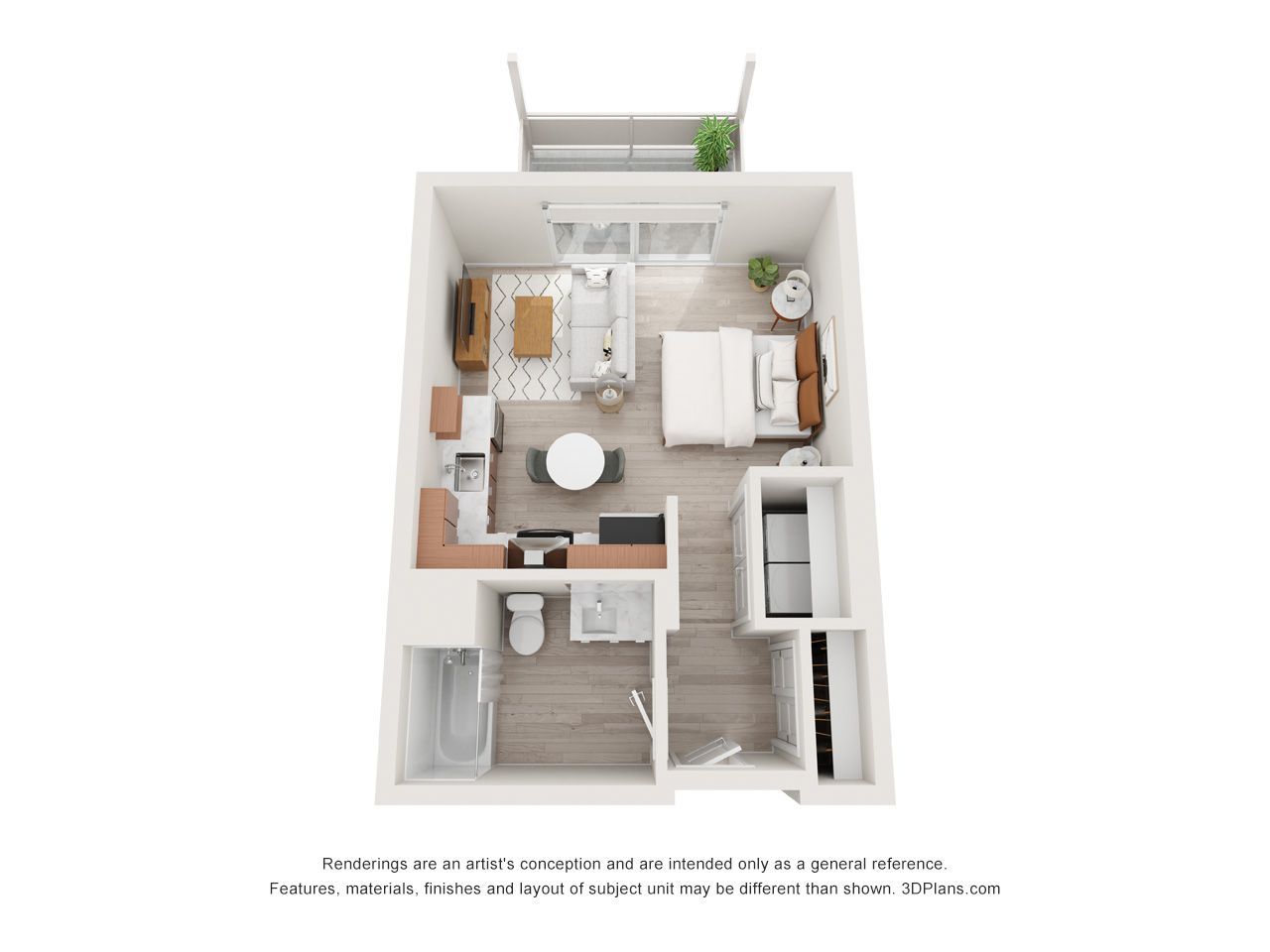 A 3d floor plan of a small apartment with a balcony.