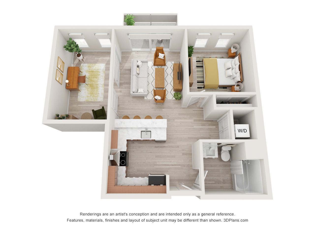 A 3d floor plan of a house with a bedroom , living room , and kitchen.