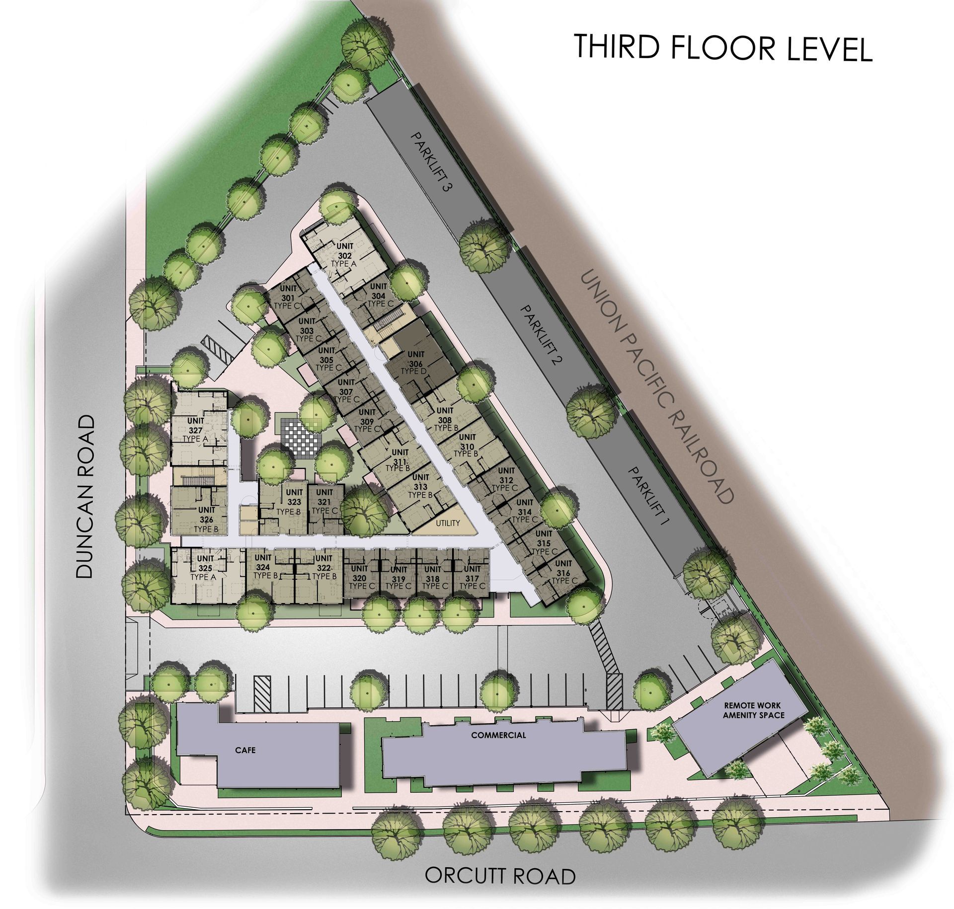 An aerial view of the third floor level of a building