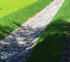 A gravel path going through a lush green field.