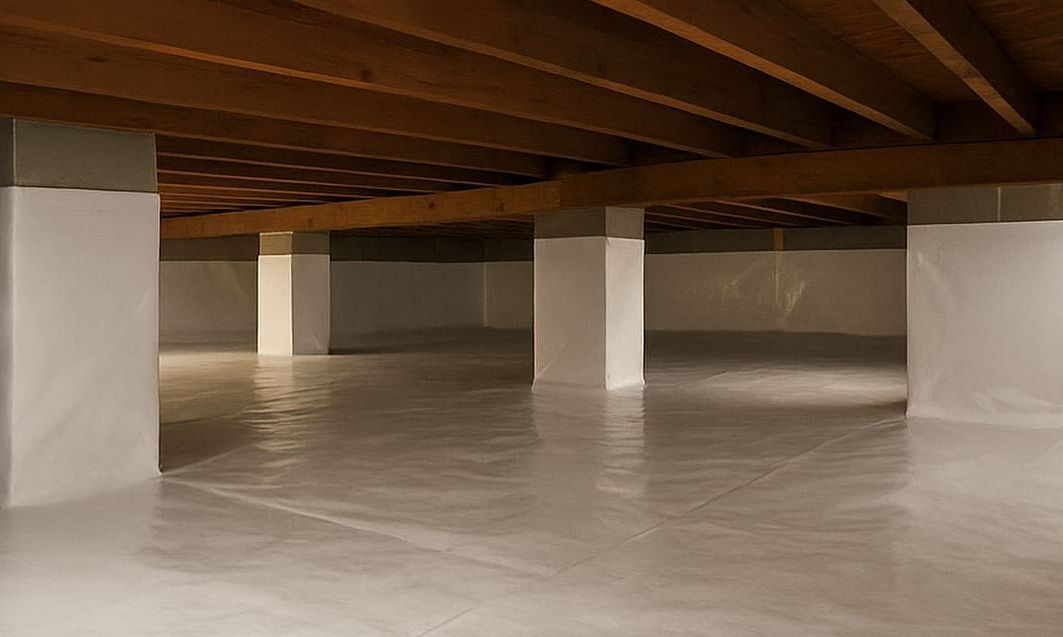An empty basement with white pillars and a wooden ceiling.
