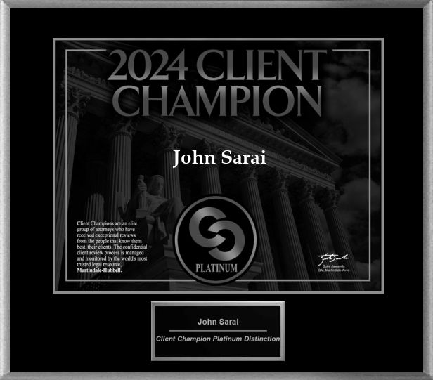 A framed certificate that says 2024 client champion john sarai