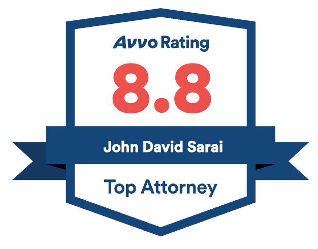 A badge that says avvo rating 8.8 john david sarai top attorney