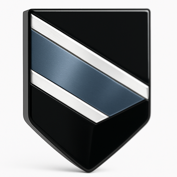 A conference room with a shield logo on the wall