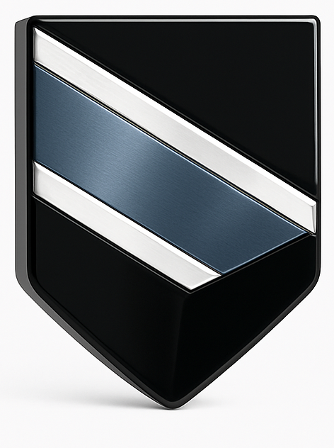 A conference room with a shield logo on the wall