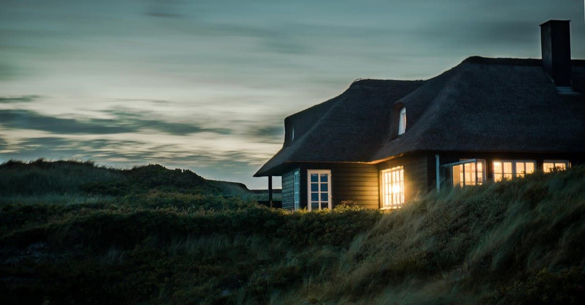 A house with a thatched roof is lit up at night.