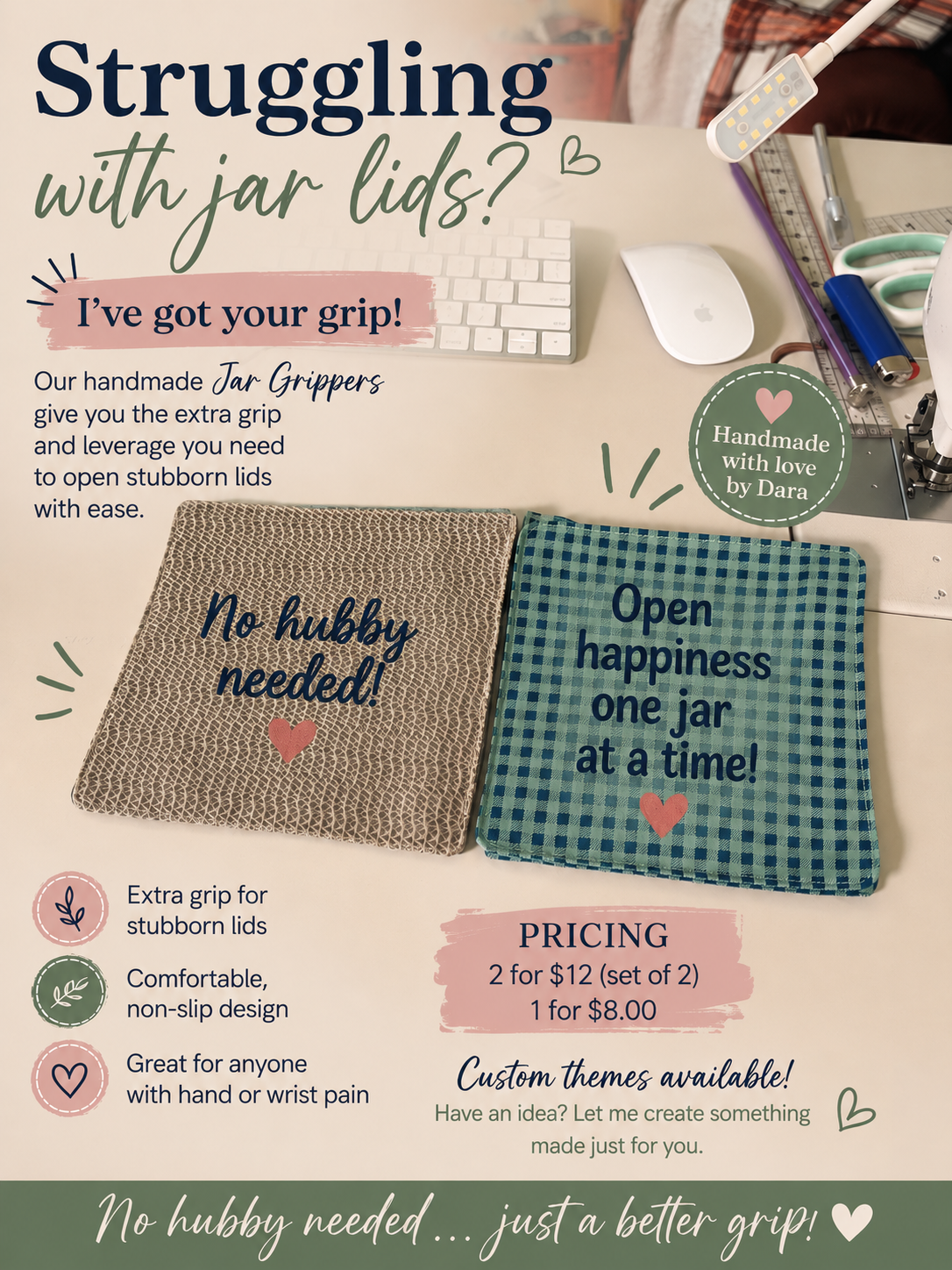 Promotional flyer for jar-lid grip aids with checkered and floral designs, featuring “It’s got your grip!”