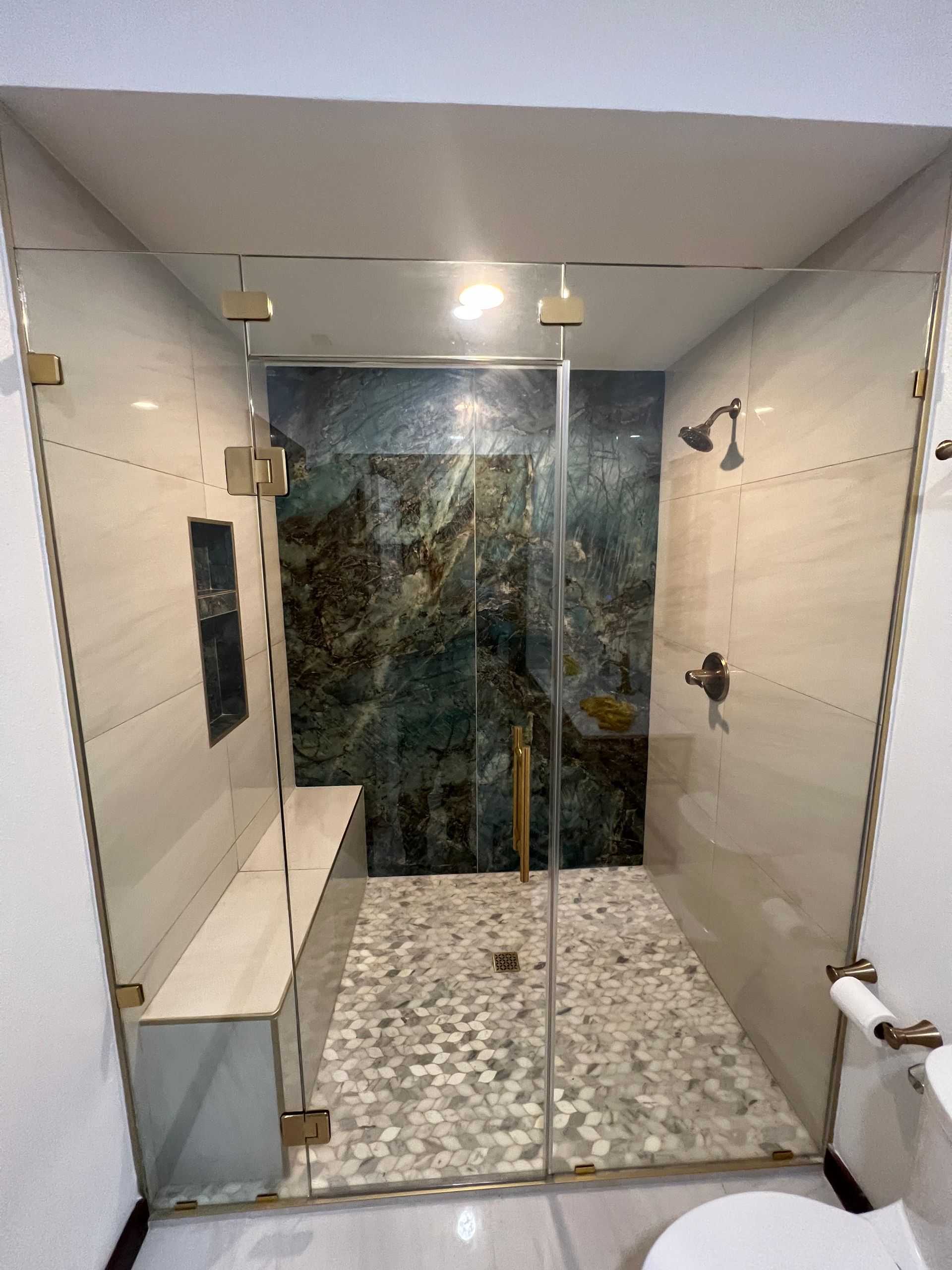 A bathroom with a walk in shower and a toilet.