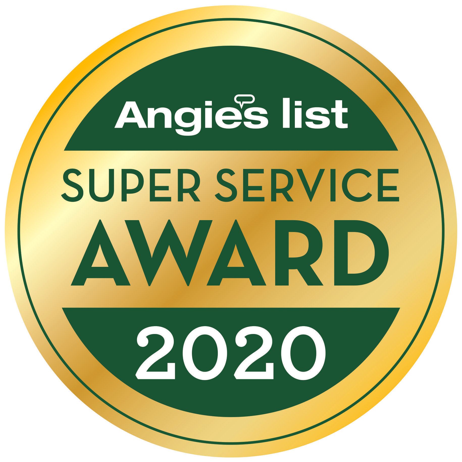 angie 's list super service award 2020 is a green and gold badge .