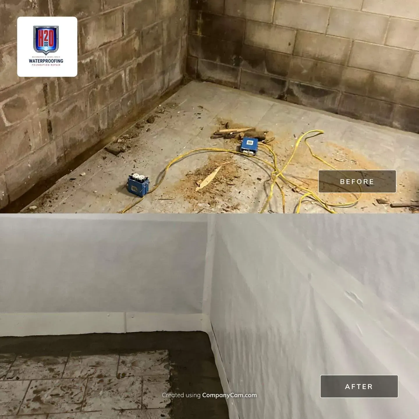 Before and after of basement waterproofing with drains and a sump pump in Birmingham, AL