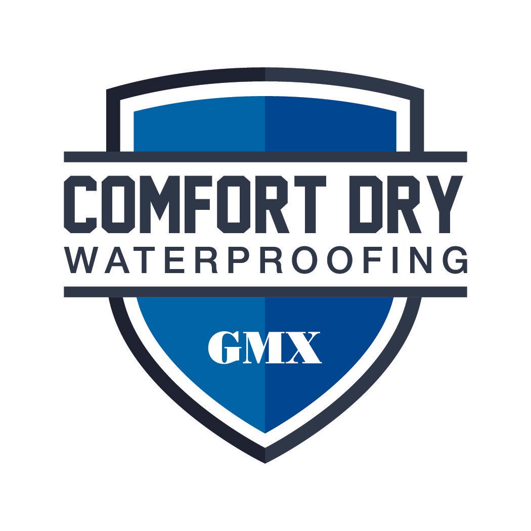 a blue shield with the words `` comfort dry waterproofing '' on it .