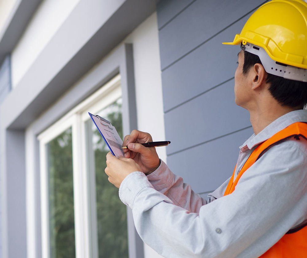 a man wearing a hard hat is writing on a clipboard