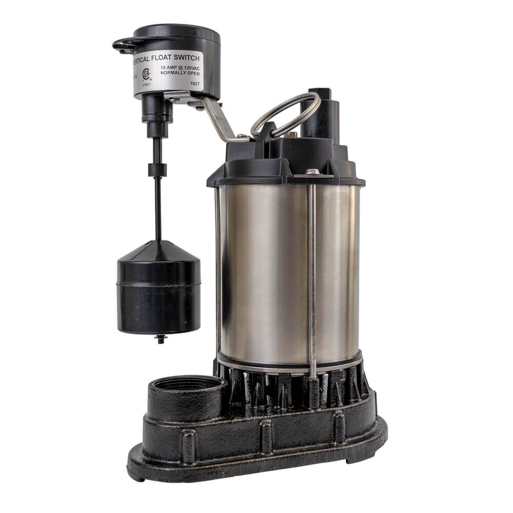 A stainless steel sump pump with a black float on a white background.