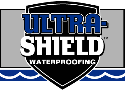 a logo for ultra shield waterproofing is shown on a white background .