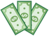 Three bills of money with a dollar sign on them are stacked on top of each other on a white background.