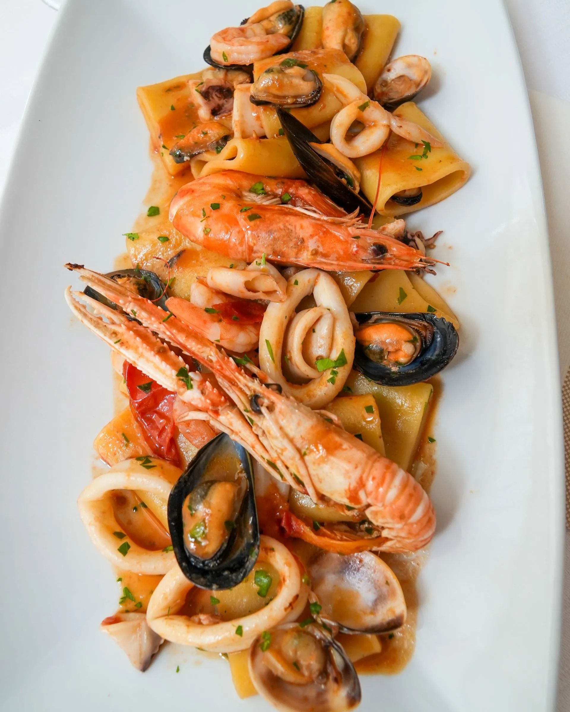 Pasta ai frutti di mare con gamberi, cozze e calamari su un piatto bianco