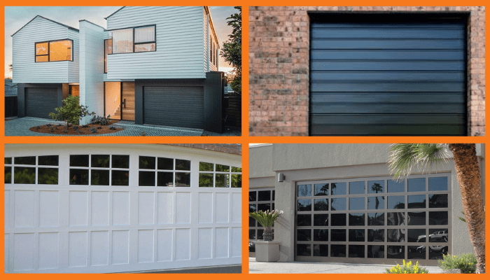 A collage of four pictures of different types of garage doors.