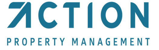 A blue and white logo for action property management