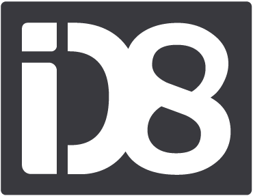 A black and white logo for the company id8