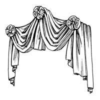 Decorative draped fabric with three floral embellishments.