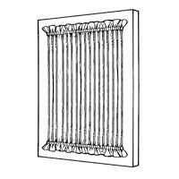 Drawing of a framed window with vertical fabric panels and ruffled trim at the top and bottom.