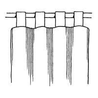 Drawn illustration of white curtains with tabs hanging from a rod.