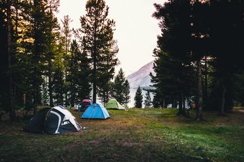 Camping tent on green grass beside lake with foggy
