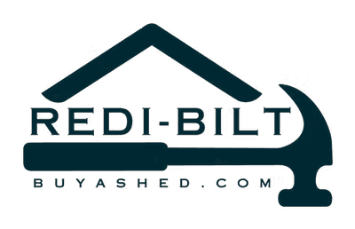 Logo for Redi-Bilt, a shed retailer. It features a roof shape and a hammer, with the text 