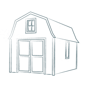 A sketch of a small barn-style shed with double doors, a small window, and a dormer window.