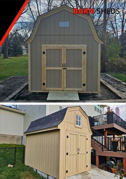 Two views of a tan barn shed with black hardware and a dark roof. One shows the front; the other, a side view next to a deck.