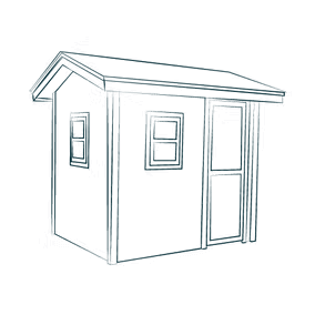 Line drawing of a small building with a sloped roof, two windows, and a door.