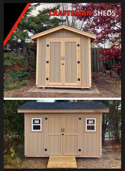 Two Craftsman sheds, one with a gabled roof and one with a flat roof, both tan with black accents and wooden doors.