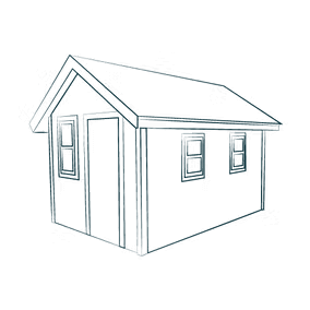 Line drawing of a small, rectangular shed with a gabled roof, a door, and two windows.